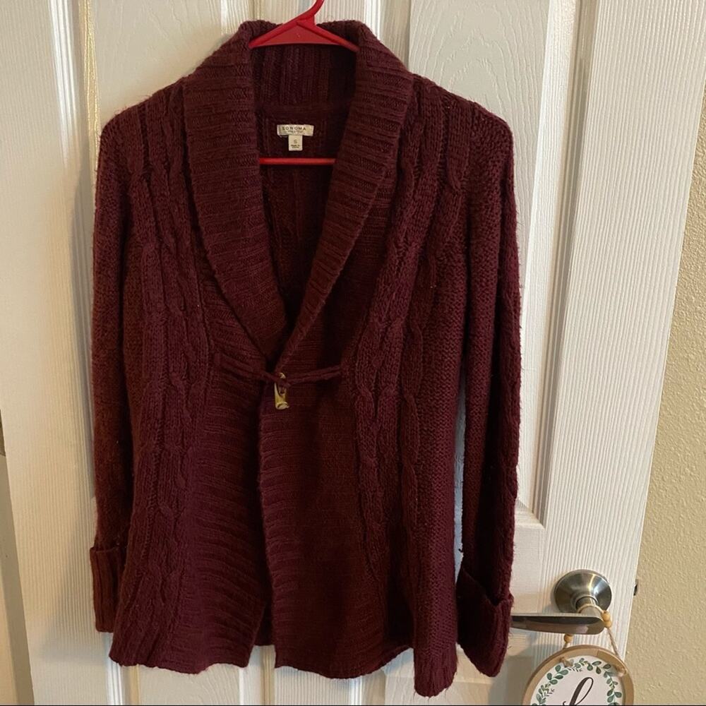 Sonoma Chunky Knit Open Front Sweater Women's Size Small Cardigan Wine Red